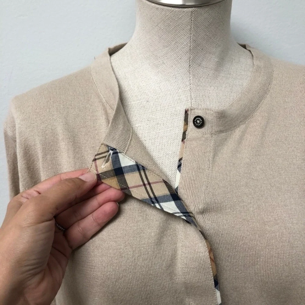 Barbour Cardigan Womens 12 Tan Cotton Cashmere Plaid Elbow Patch Preppy Classic